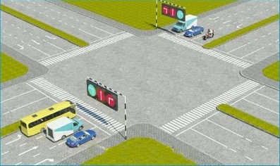 Câu hỏi 16: Theo tín hiệu đèn, xe nào được quyền đi là đúng quy tắc giao thông?