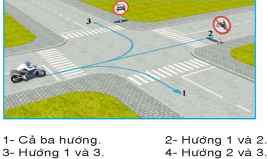 Câu hỏi 30: Theo hướng mũi tên, những hướng nào xe mô tô được phép đi?