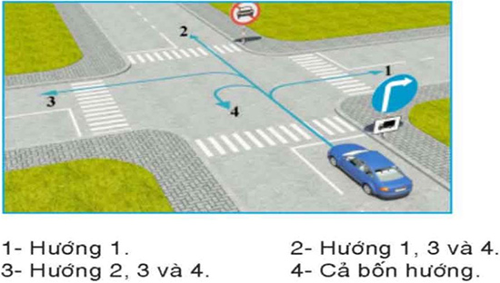 Câu hỏi 28: Theo hướng mũi tên, những hướng nào ô tô con được phép đi?