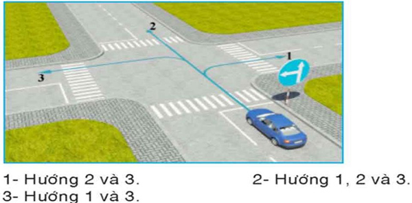 Câu hỏi 29: Theo hướng mũi tên, gặp biển hướng đi phải theo đặt trước ngã tư, những hướng nào được phép đi?