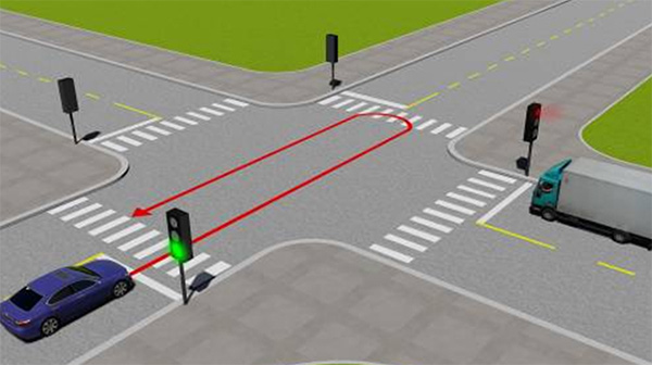 Câu 13: Xe con quay đầu đi ngược lại như hình vẽ dưới có vi phạm quy tắc giao thông không?