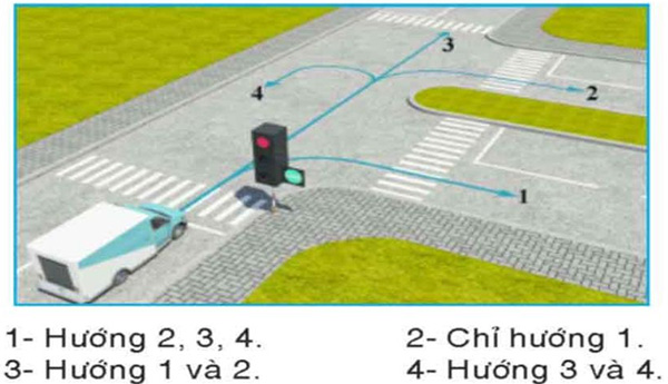 Câu hỏi 25: Theo tín hiệu đèn, xe tải đi theo hướng nào là đúng quy tắc giao thông?
