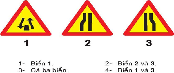 Câu hỏi 23: Khi gặp biển nào, người lái xe phải giảm tốc độ, chú ý xe đi ngược chiều, xe đi ở phía đường bị hẹp phải nhường đường cho xe đi ngược chiều?